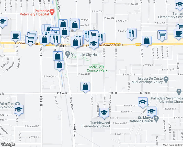 map of restaurants, bars, coffee shops, grocery stores, and more near 38116 10th Street East in Palmdale
