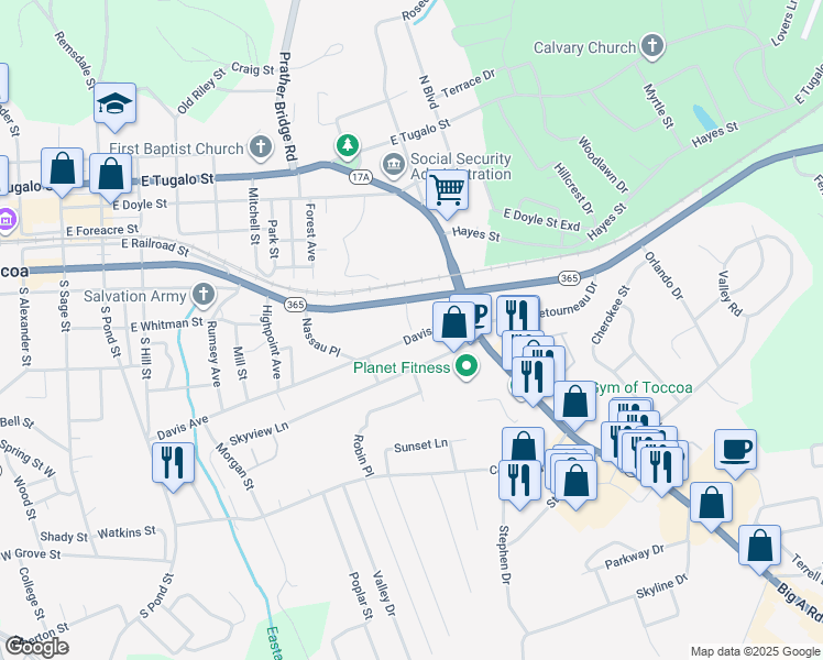 map of restaurants, bars, coffee shops, grocery stores, and more near 646 Davis Avenue in Toccoa