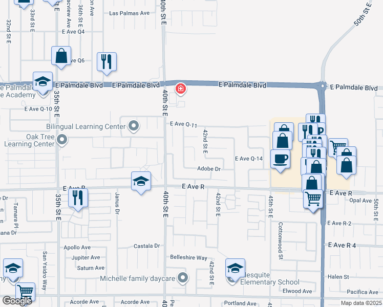 map of restaurants, bars, coffee shops, grocery stores, and more near 38115 41st Street East in Palmdale