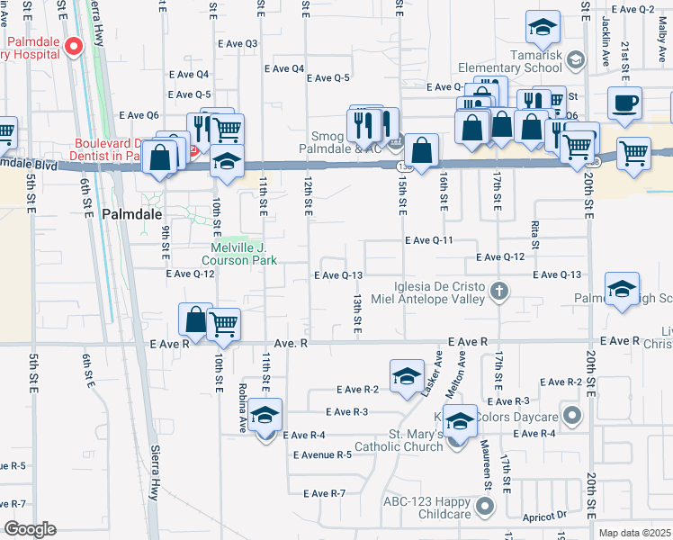 map of restaurants, bars, coffee shops, grocery stores, and more near 1235 East Avenue Q13 in Palmdale