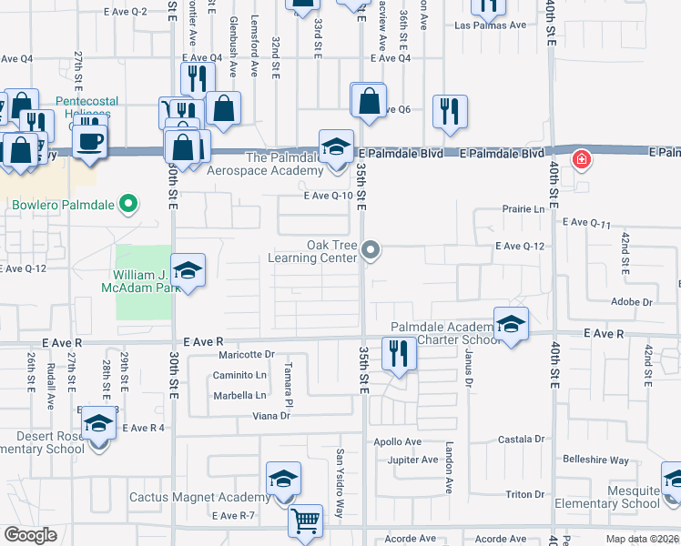map of restaurants, bars, coffee shops, grocery stores, and more near 3255 East Avenue R in Palmdale