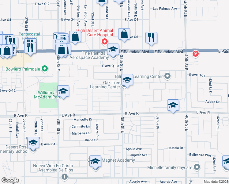 map of restaurants, bars, coffee shops, grocery stores, and more near 3255 East Avenue R in Palmdale