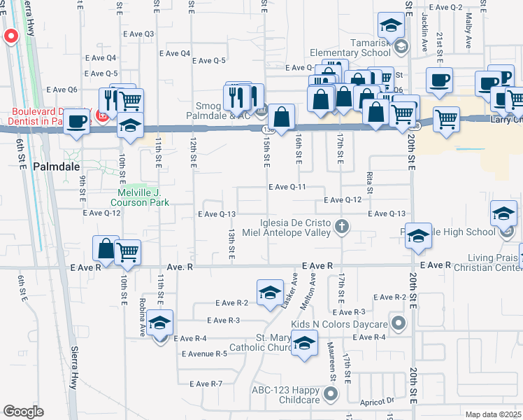 map of restaurants, bars, coffee shops, grocery stores, and more near 1345 East Avenue Q13 in Palmdale
