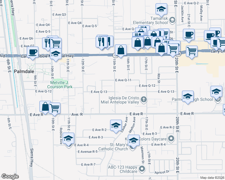 map of restaurants, bars, coffee shops, grocery stores, and more near 1345 East Avenue Q13 in Palmdale