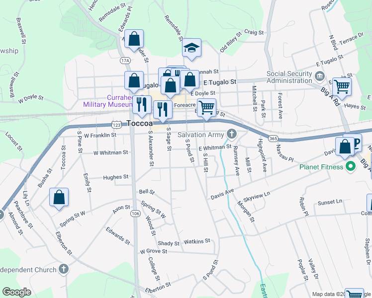 map of restaurants, bars, coffee shops, grocery stores, and more near 192 South Pond Street in Toccoa