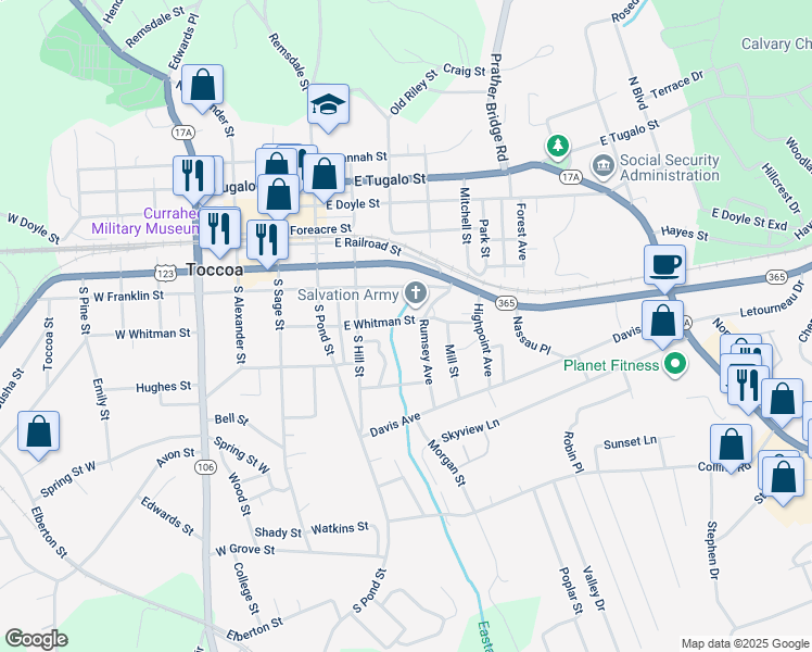 map of restaurants, bars, coffee shops, grocery stores, and more near 296 East Whitman Street in Toccoa