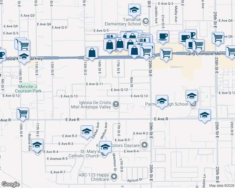 map of restaurants, bars, coffee shops, grocery stores, and more near 1710 East Avenue Q13 in Palmdale