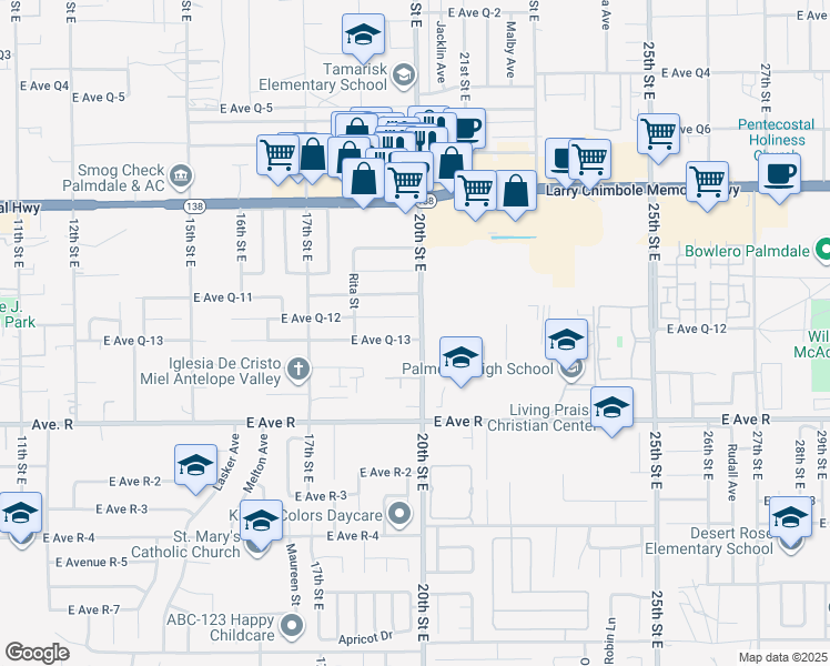 map of restaurants, bars, coffee shops, grocery stores, and more near 1867 East Avenue Q13 in Palmdale