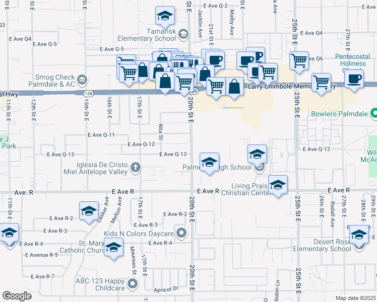 map of restaurants, bars, coffee shops, grocery stores, and more near 1867 East Avenue Q13 in Palmdale