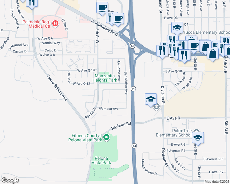 map of restaurants, bars, coffee shops, grocery stores, and more near 364 Sunrise Terrace in Palmdale