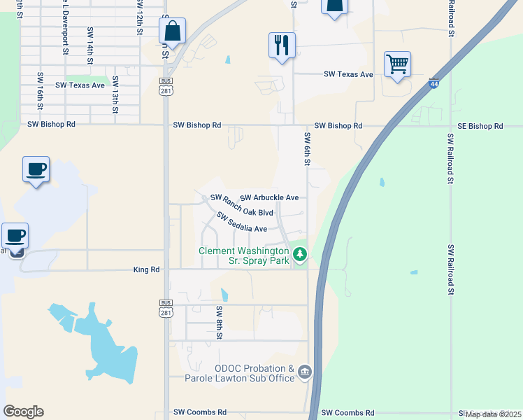 map of restaurants, bars, coffee shops, grocery stores, and more near 708 Southwest Ranch Oak Boulevard in Lawton