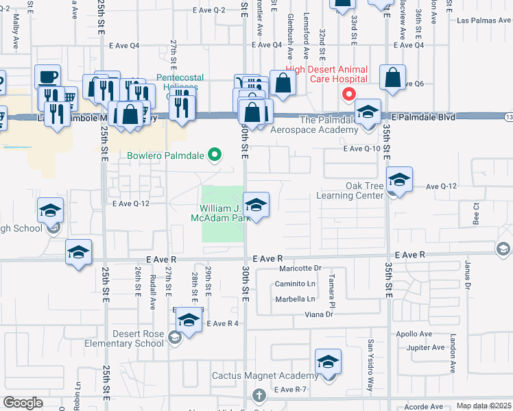 map of restaurants, bars, coffee shops, grocery stores, and more near in Palmdale