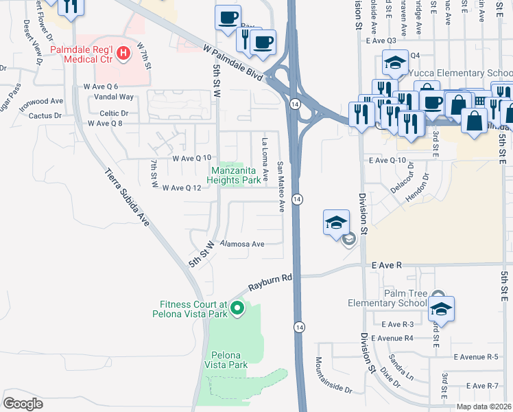 map of restaurants, bars, coffee shops, grocery stores, and more near 364 Sunrise Terrace in Palmdale