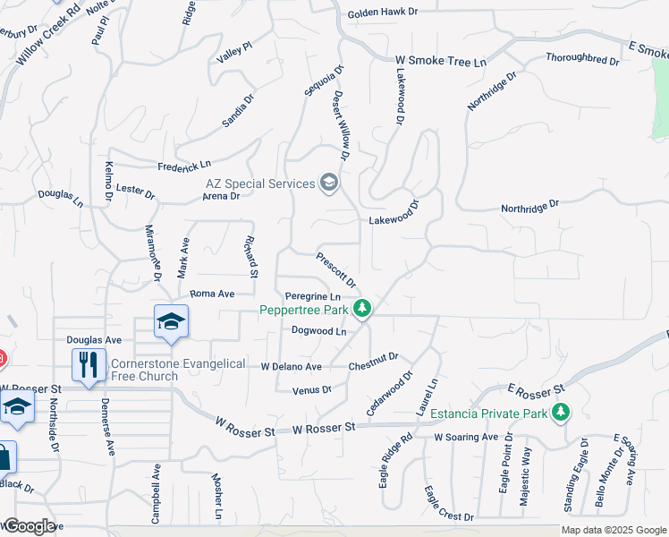 map of restaurants, bars, coffee shops, grocery stores, and more near Prescott Drive in Prescott