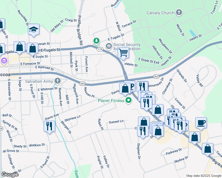 map of restaurants, bars, coffee shops, grocery stores, and more near 646 Davis Avenue in Toccoa