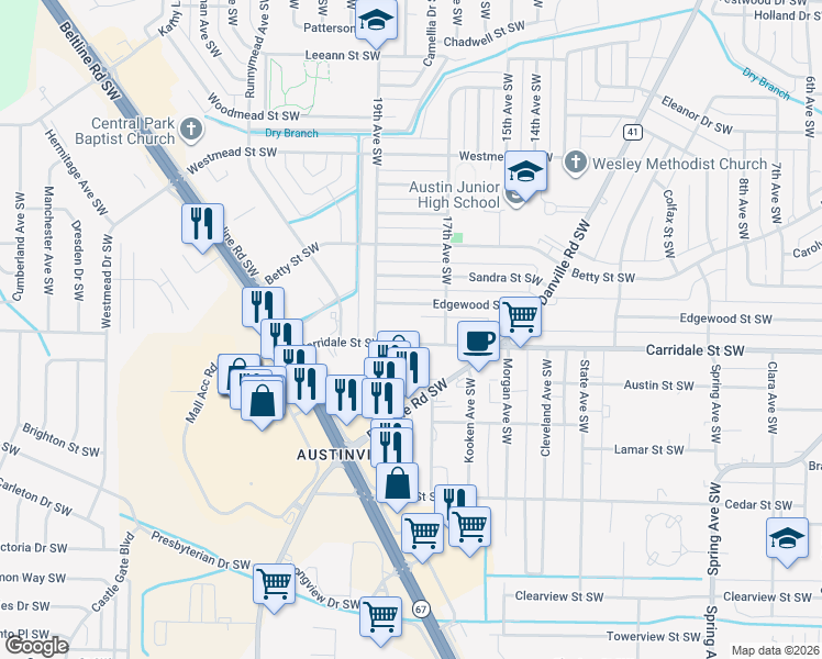 map of restaurants, bars, coffee shops, grocery stores, and more near 1715 Carridale Street Southwest in Decatur