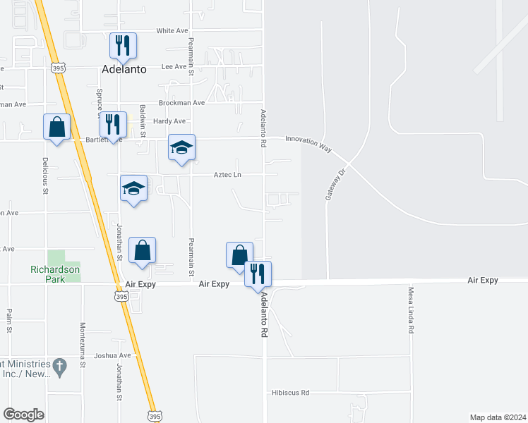 map of restaurants, bars, coffee shops, grocery stores, and more near 17898 Adelanto Road in Adelanto