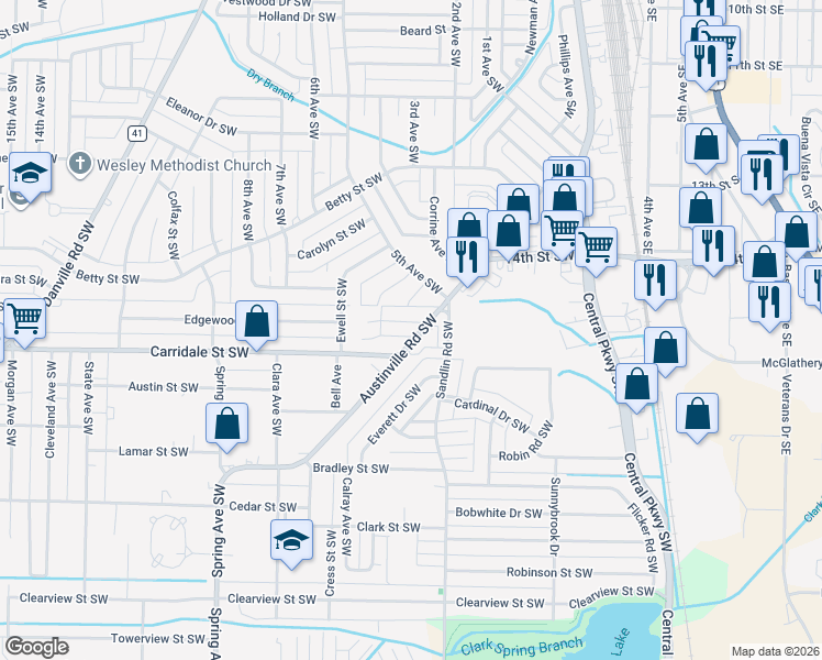 map of restaurants, bars, coffee shops, grocery stores, and more near 331 Austinville Road Southwest in Decatur