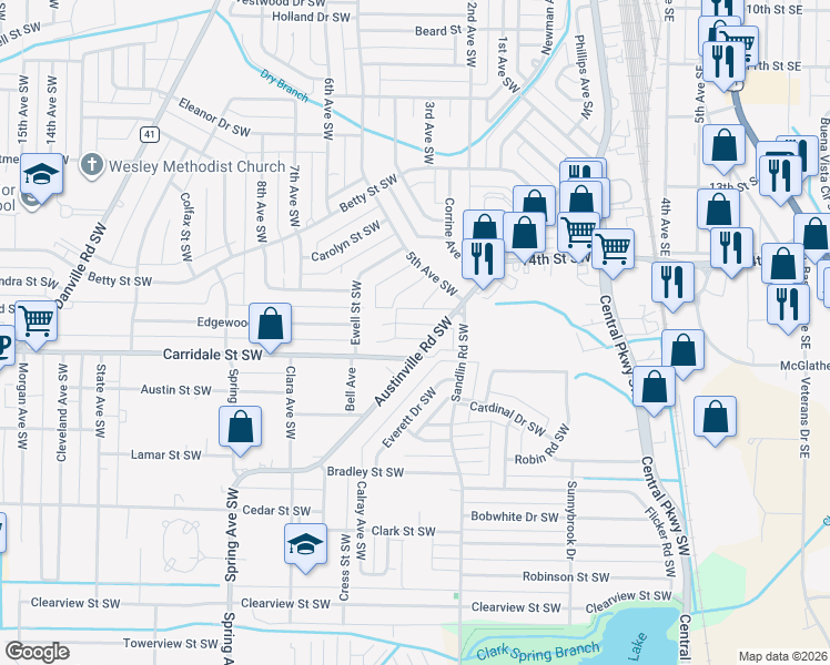 map of restaurants, bars, coffee shops, grocery stores, and more near 331 Austinville Road Southwest in Decatur