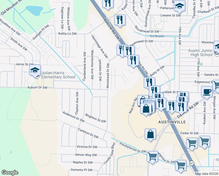 map of restaurants, bars, coffee shops, grocery stores, and more near 2202 Essex Drive Southwest in Decatur