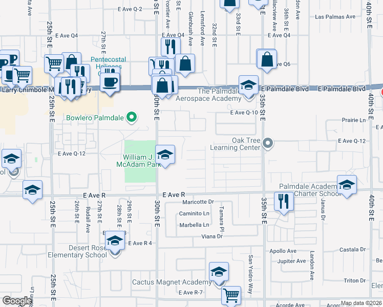 map of restaurants, bars, coffee shops, grocery stores, and more near 3102 East Avenue Q13 in Palmdale