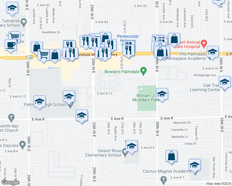 map of restaurants, bars, coffee shops, grocery stores, and more near 2657 East Avenue Q14 in Palmdale