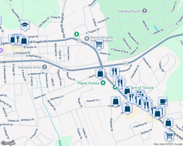 map of restaurants, bars, coffee shops, grocery stores, and more near 646 Davis Avenue in Toccoa