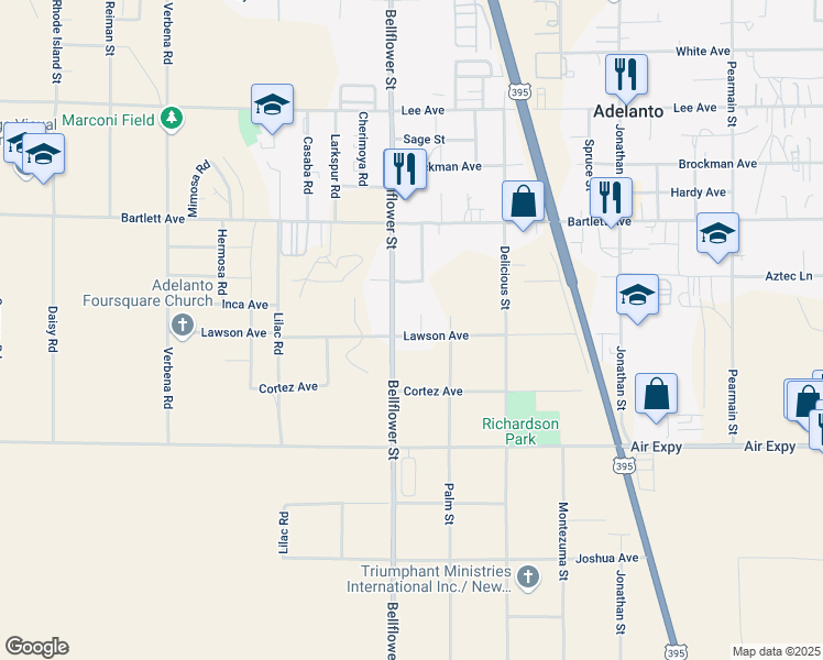 map of restaurants, bars, coffee shops, grocery stores, and more near Lawson Avenue in Adelanto