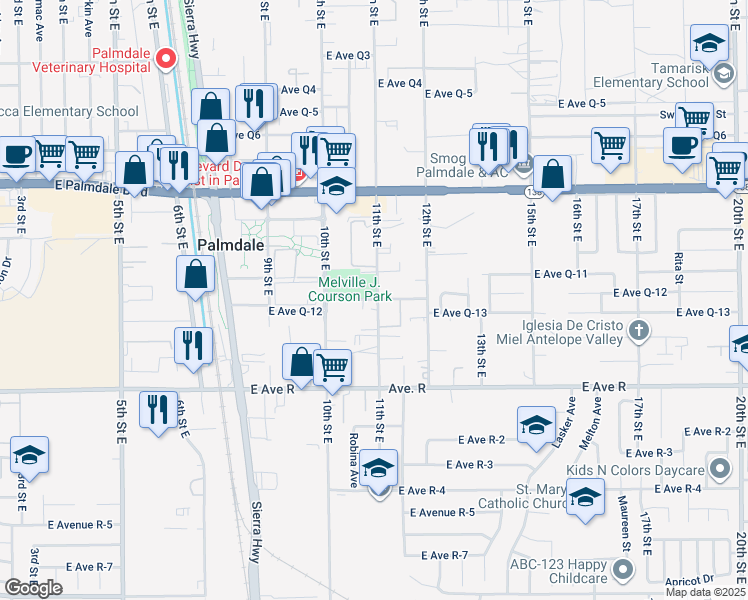 map of restaurants, bars, coffee shops, grocery stores, and more near 1058 East Avenue Q12 in Palmdale
