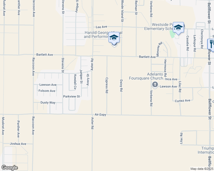 map of restaurants, bars, coffee shops, grocery stores, and more near Cypress Road in Adelanto