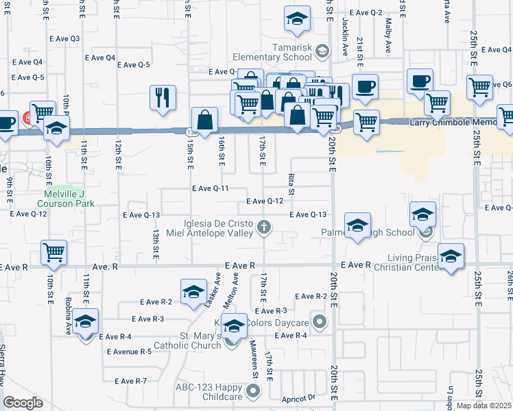 map of restaurants, bars, coffee shops, grocery stores, and more near 1638 East Avenue Q12 in Palmdale
