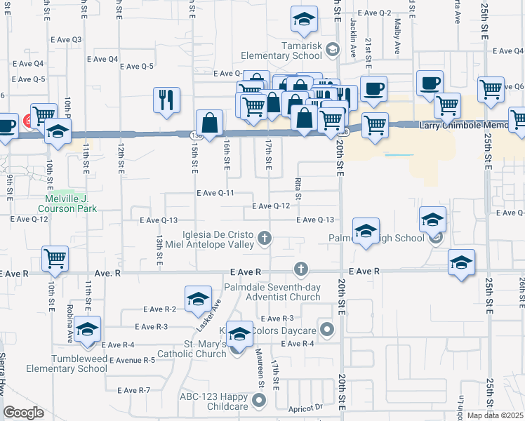 map of restaurants, bars, coffee shops, grocery stores, and more near 1638 East Avenue Q12 in Palmdale