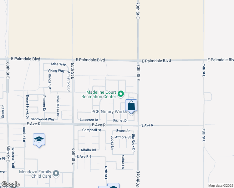 map of restaurants, bars, coffee shops, grocery stores, and more near 6809 Bertillion Street in Palmdale