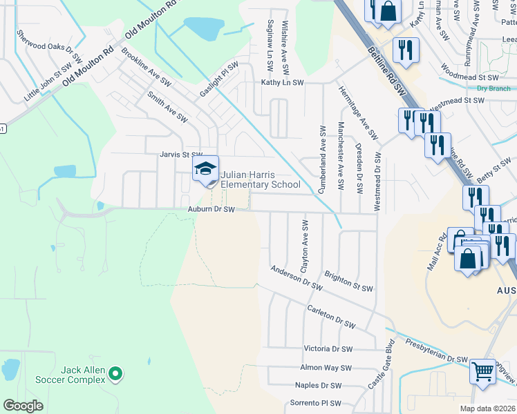 map of restaurants, bars, coffee shops, grocery stores, and more near 1908 Resnick Drive Southwest in Decatur
