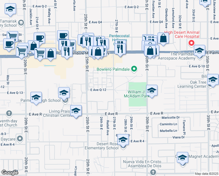 map of restaurants, bars, coffee shops, grocery stores, and more near 2658 Greenwood Court in Palmdale