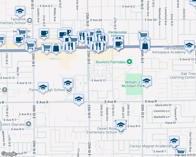 map of restaurants, bars, coffee shops, grocery stores, and more near 2602 Sparkling Water Court in Palmdale