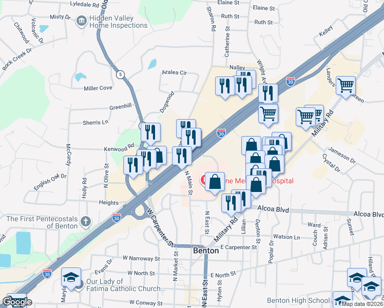 map of restaurants, bars, coffee shops, grocery stores, and more near 17036 Interstate 30 in Benton