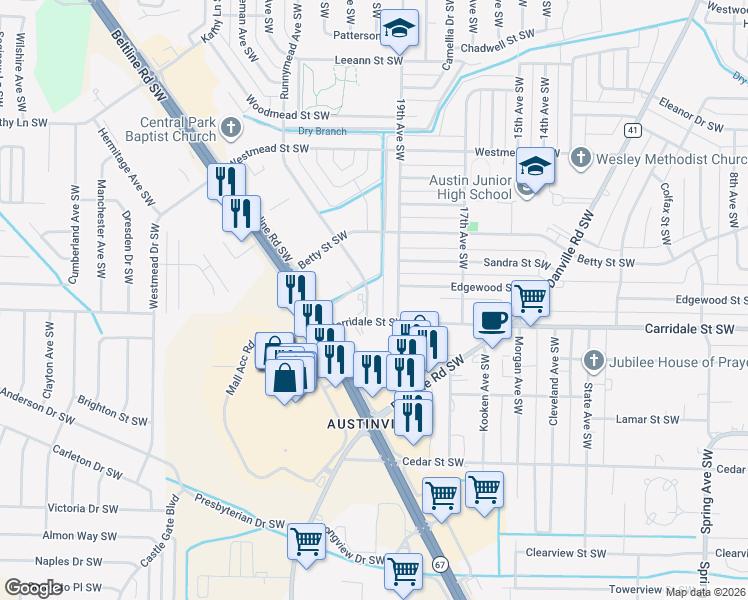 map of restaurants, bars, coffee shops, grocery stores, and more near 1815 19th Avenue Southwest in Decatur