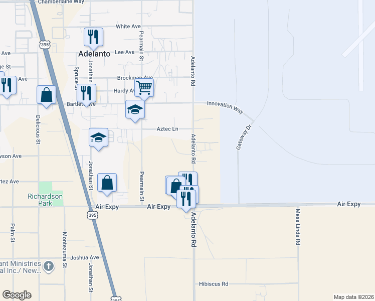 map of restaurants, bars, coffee shops, grocery stores, and more near 17960 Adelanto Road in Adelanto