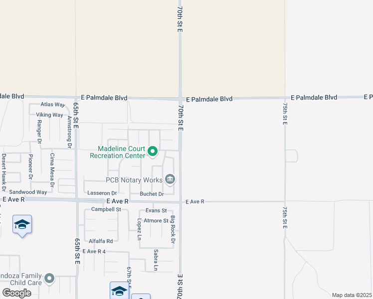 map of restaurants, bars, coffee shops, grocery stores, and more near 70th Street in Palmdale