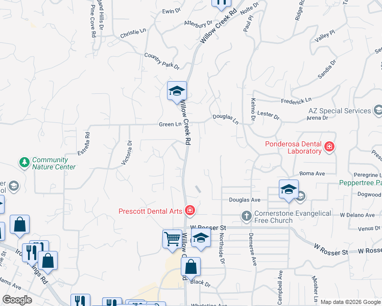 map of restaurants, bars, coffee shops, grocery stores, and more near 2041 Willow Creek Road in Prescott
