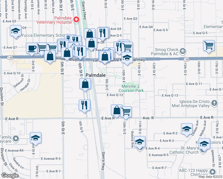 map of restaurants, bars, coffee shops, grocery stores, and more near 38235 East Avenue Q-11 in Palmdale