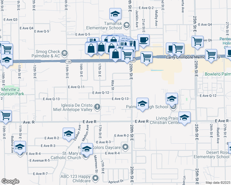 map of restaurants, bars, coffee shops, grocery stores, and more near 1815 East Ave Q 12 in Palmdale