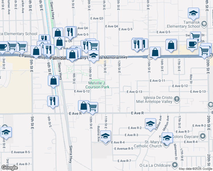 map of restaurants, bars, coffee shops, grocery stores, and more near 38204 11th Street East in Palmdale