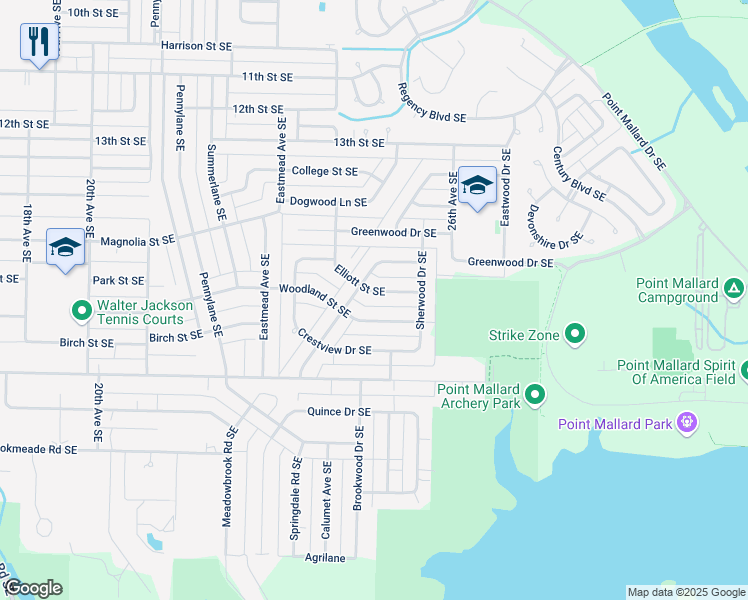 map of restaurants, bars, coffee shops, grocery stores, and more near 2404 Elliott Street Southeast in Decatur