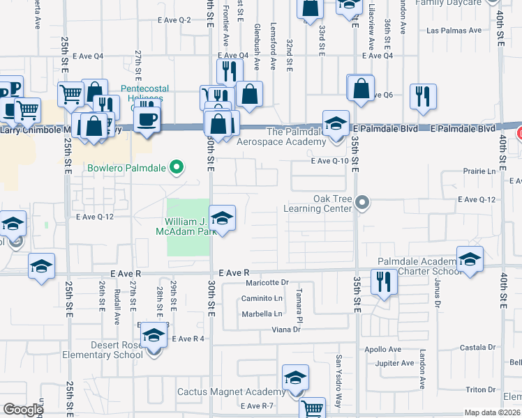 map of restaurants, bars, coffee shops, grocery stores, and more near 3119 East Avenue Q-12 in Palmdale