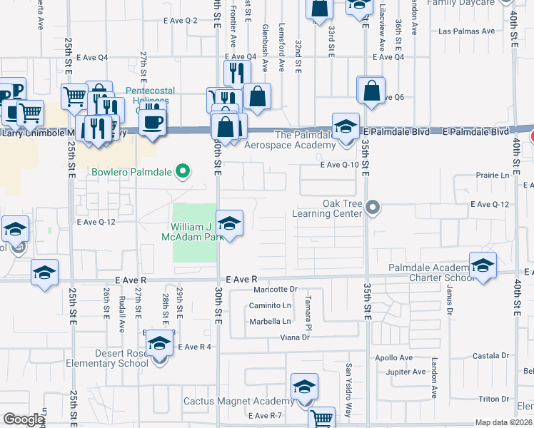 map of restaurants, bars, coffee shops, grocery stores, and more near 3101 East Avenue Q-12 in Palmdale