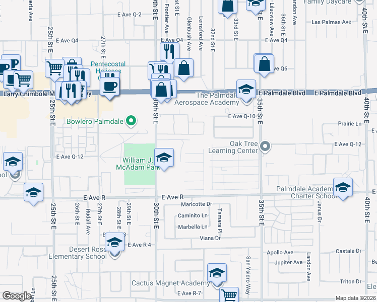 map of restaurants, bars, coffee shops, grocery stores, and more near 3101 East Avenue Q-12 in Palmdale
