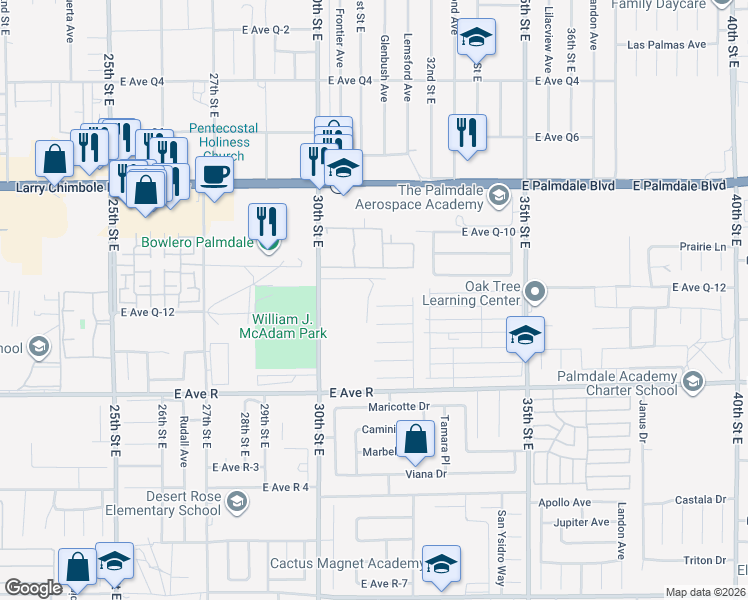 map of restaurants, bars, coffee shops, grocery stores, and more near 3101 East Avenue Q-12 in Palmdale