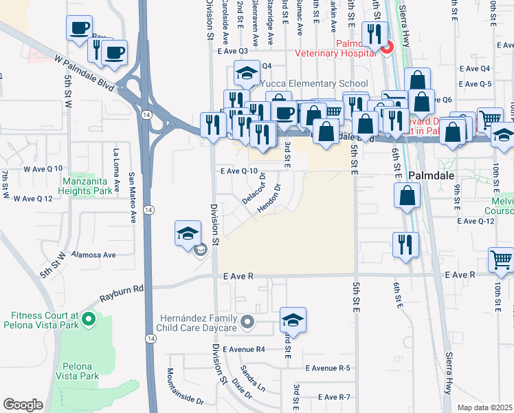 map of restaurants, bars, coffee shops, grocery stores, and more near 38226 Delacour Drive in Palmdale